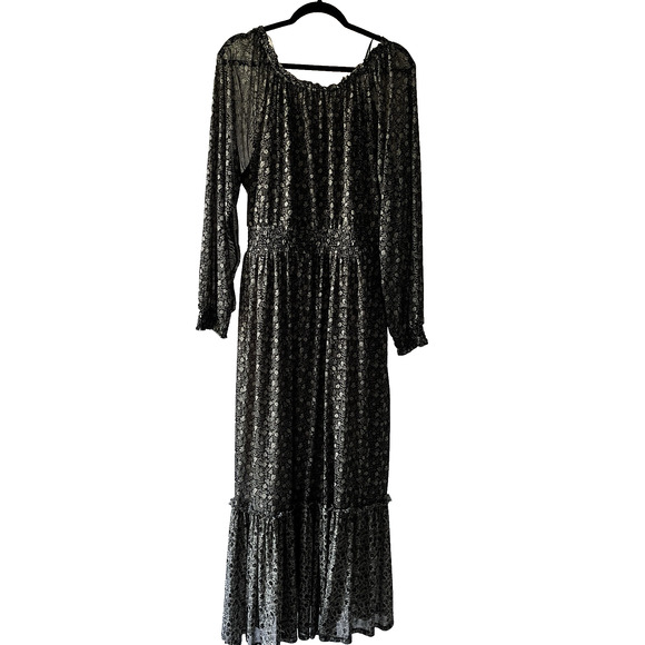 Maxi Dress SZ L Black Green Cottagecore Peasant Prairie Boho Long Sleeve Tiered - Picture 6 of 10